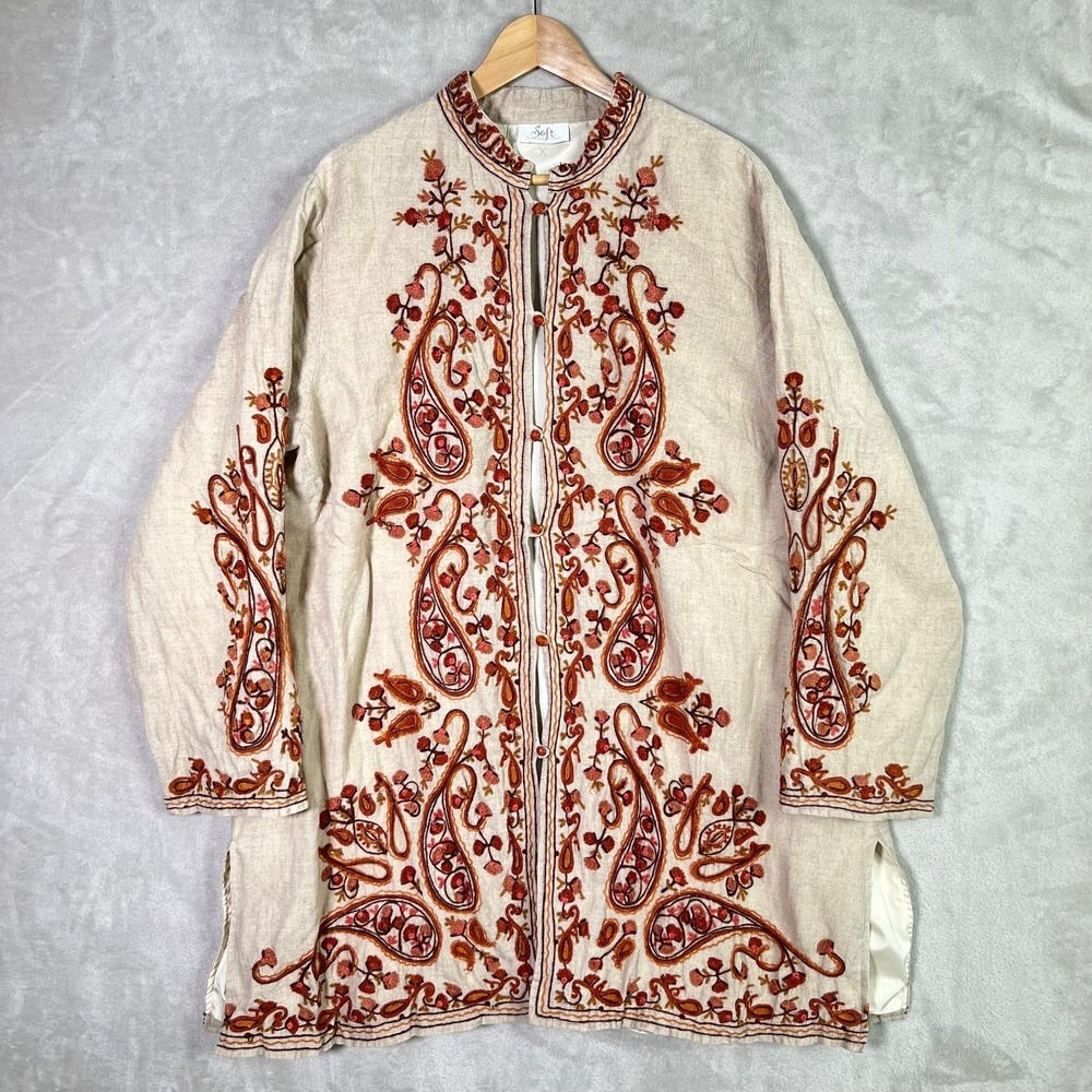 VTG Soft Surroundings XL Embroidered 100% Linen Lined Kimono Jacket Coat Paisley